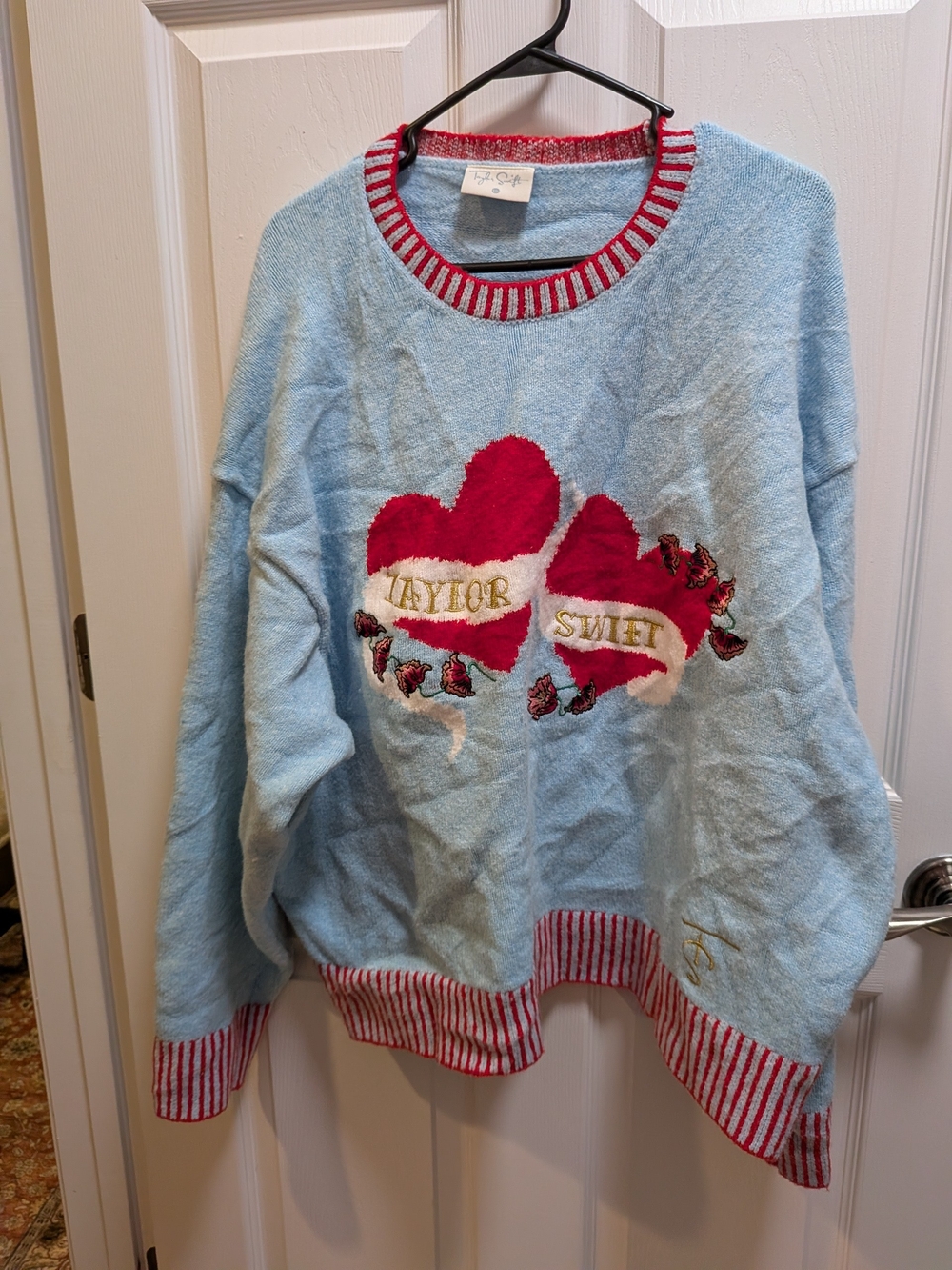 Taylor Swift Light Blue Album Hearts Sweater with Red-White Trim 4X